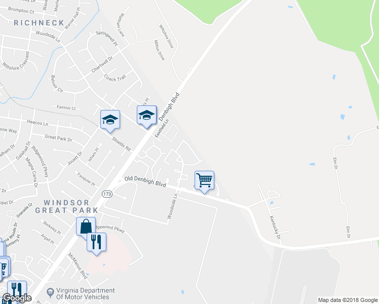 map of restaurants, bars, coffee shops, grocery stores, and more near 25 Roffman Place in Newport News