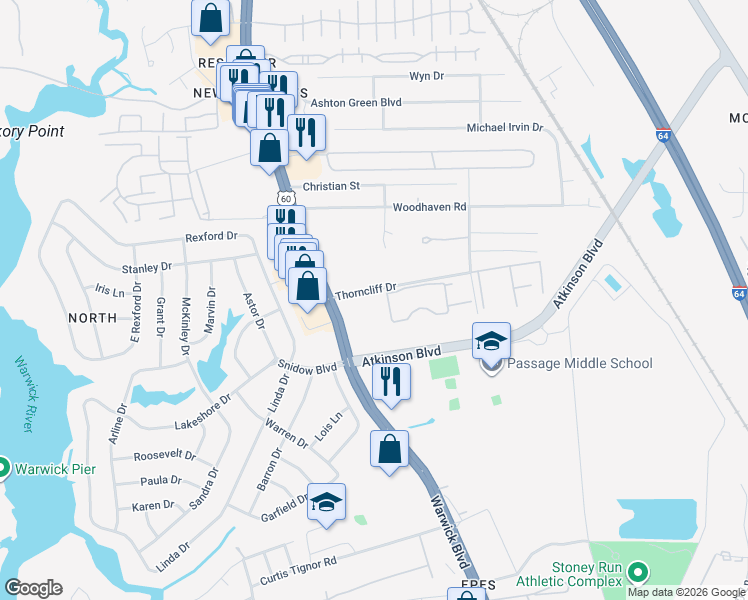 map of restaurants, bars, coffee shops, grocery stores, and more near 404 Cox Landing in Newport News