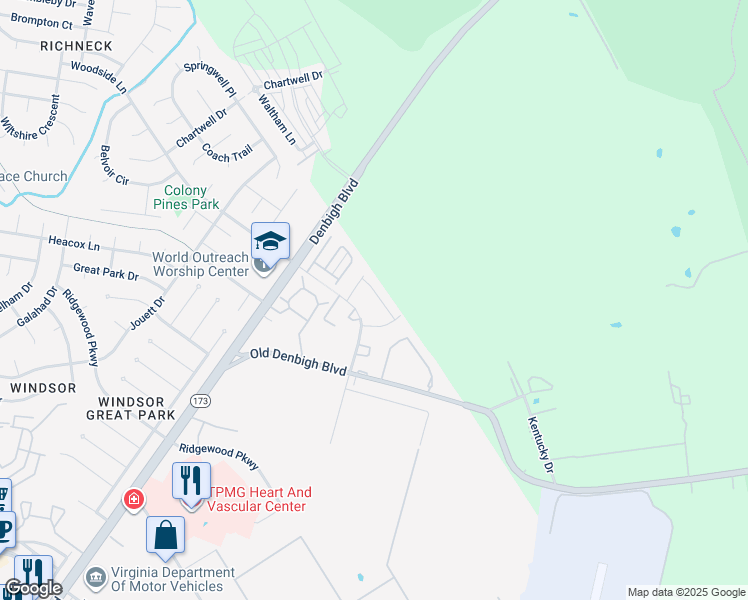 map of restaurants, bars, coffee shops, grocery stores, and more near 27 Roffman Place in Newport News