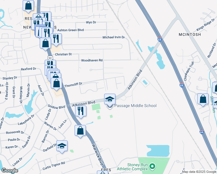 map of restaurants, bars, coffee shops, grocery stores, and more near 566 Candle Lane in Newport News