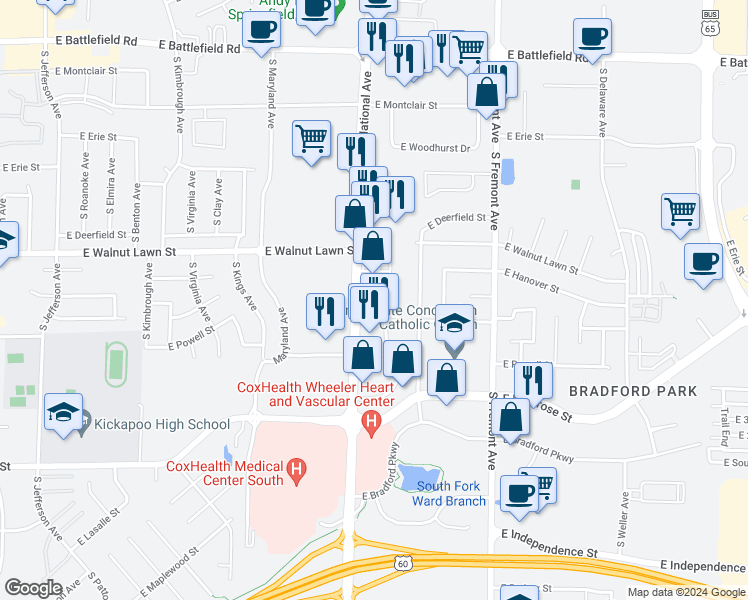 map of restaurants, bars, coffee shops, grocery stores, and more near 3500 South National Avenue in Springfield
