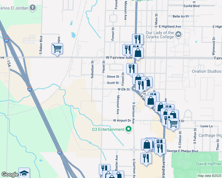 map of restaurants, bars, coffee shops, grocery stores, and more near 2213 Missouri Avenue in Carthage
