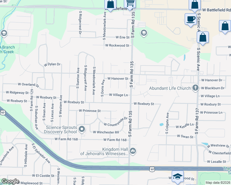 map of restaurants, bars, coffee shops, grocery stores, and more near 3163 West Village Lane in Springfield