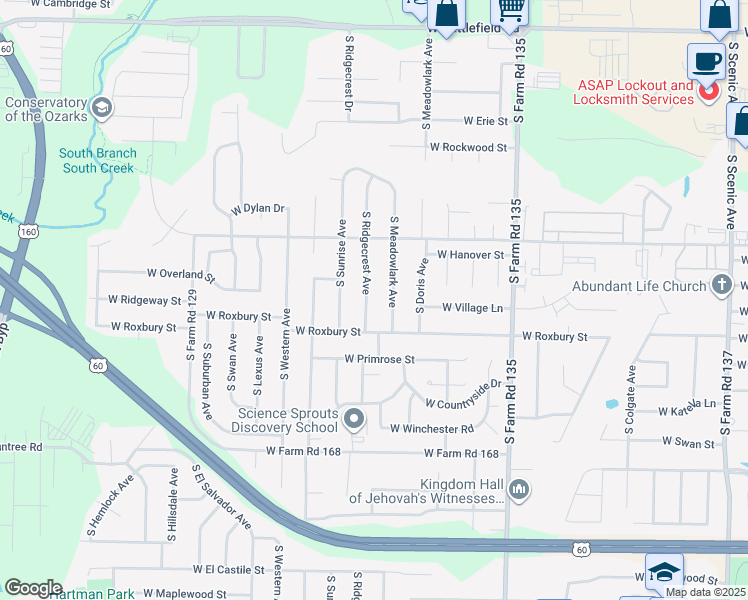 map of restaurants, bars, coffee shops, grocery stores, and more near 3556-3570 South Ridgecrest Avenue in Springfield