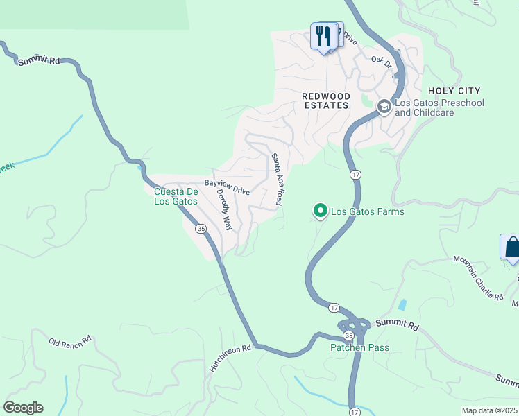 map of restaurants, bars, coffee shops, grocery stores, and more near Santa Ana Road in Lexington Hills