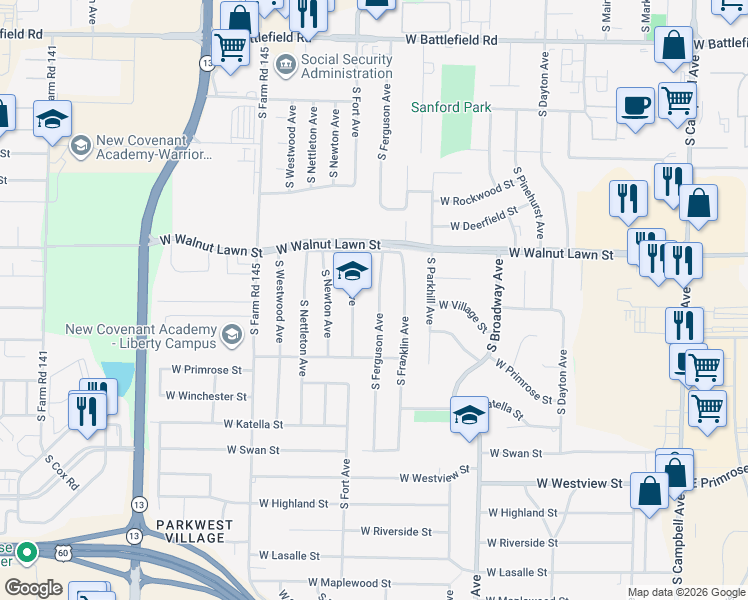 map of restaurants, bars, coffee shops, grocery stores, and more near 3519 South Ferguson Avenue in Springfield