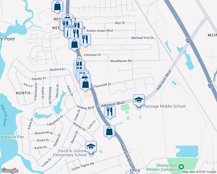 map of restaurants, bars, coffee shops, grocery stores, and more near 404 Cox Landing in Newport News