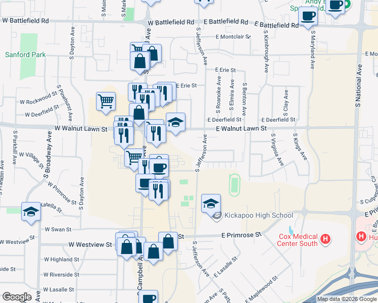 map of restaurants, bars, coffee shops, grocery stores, and more near 201-399 East Powell Street in Springfield