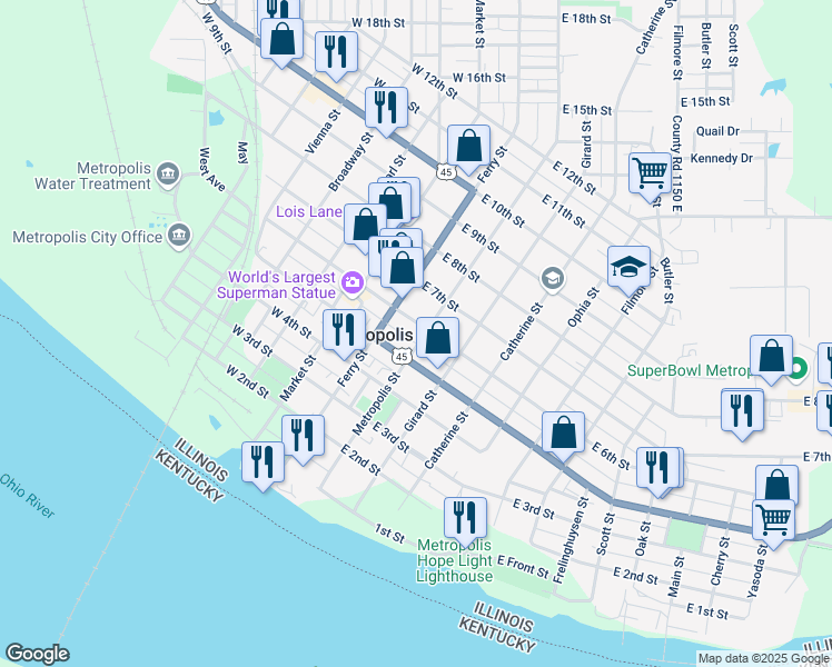 map of restaurants, bars, coffee shops, grocery stores, and more near 501-599 Girard St in Metropolis