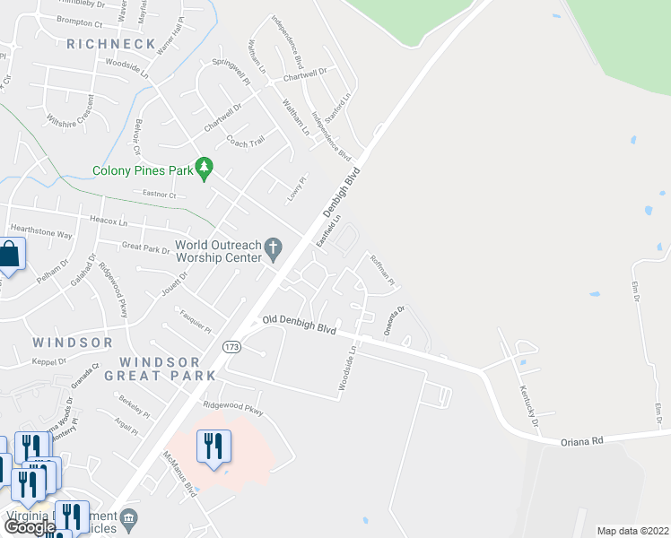 map of restaurants, bars, coffee shops, grocery stores, and more near 1095 Palmerton Drive in Newport News