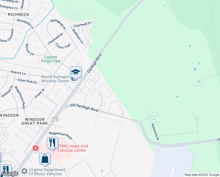 map of restaurants, bars, coffee shops, grocery stores, and more near 44 Betty Lee Place in Newport News
