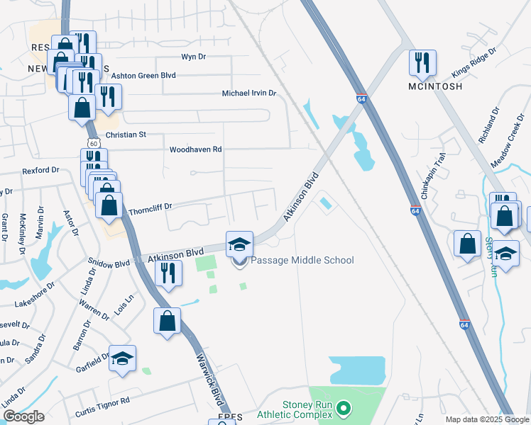 map of restaurants, bars, coffee shops, grocery stores, and more near 540 Pineland Circle in Newport News