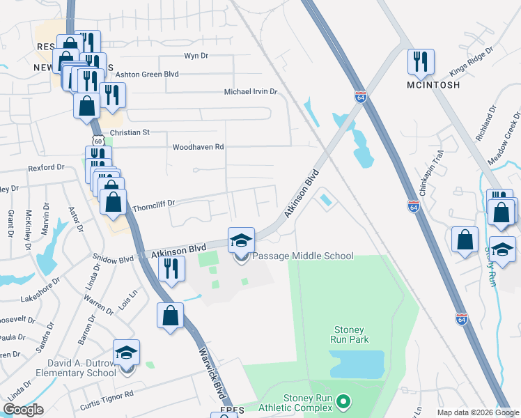 map of restaurants, bars, coffee shops, grocery stores, and more near 540 Pineland Circle in Newport News