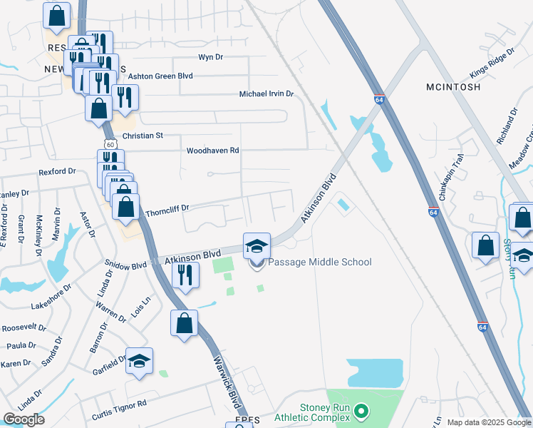 map of restaurants, bars, coffee shops, grocery stores, and more near 560 Candle Lane in Newport News