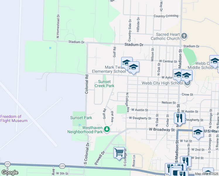 map of restaurants, bars, coffee shops, grocery stores, and more near 401 E Rudondo Dr in Webb City