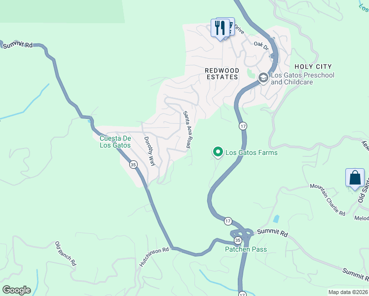 map of restaurants, bars, coffee shops, grocery stores, and more near 18125 Santa Ana Road in Los Gatos