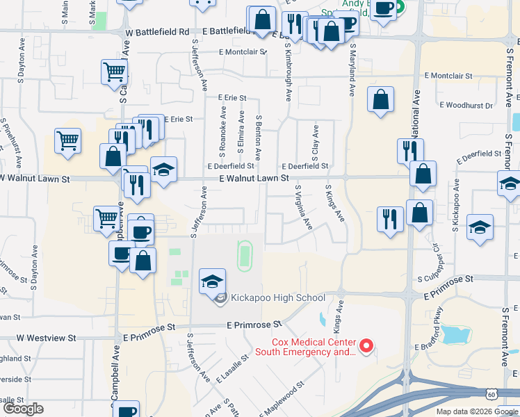map of restaurants, bars, coffee shops, grocery stores, and more near 634 East Walnut Lawn Street in Springfield