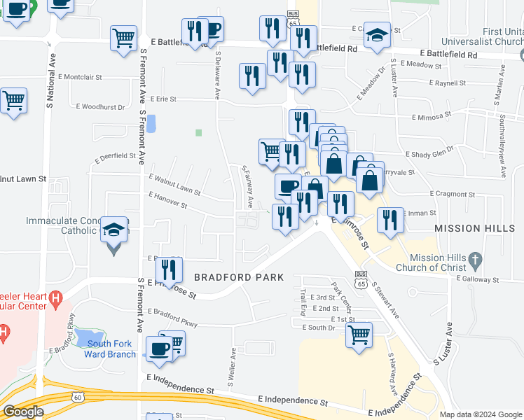 map of restaurants, bars, coffee shops, grocery stores, and more near 1727 East Walnut Lawn Street in Springfield