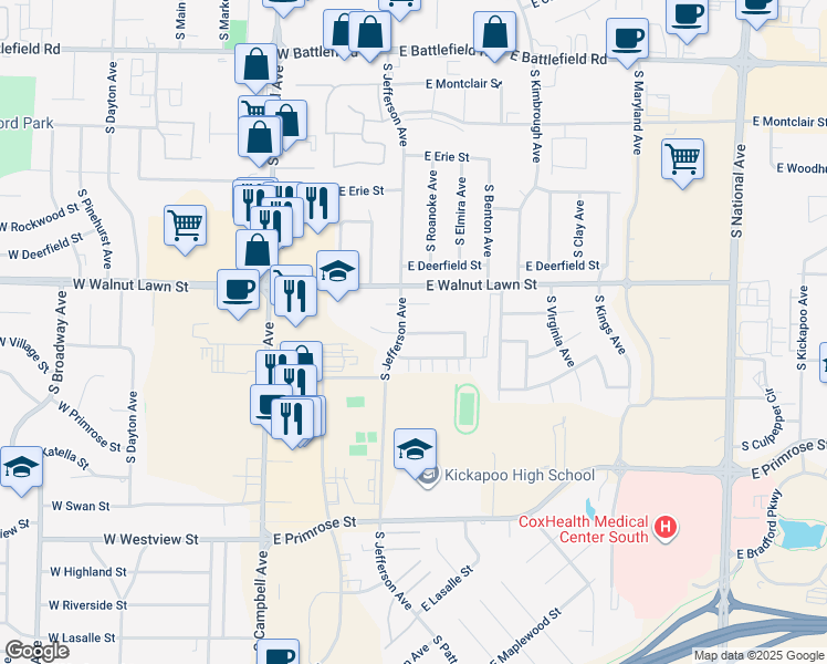 map of restaurants, bars, coffee shops, grocery stores, and more near 437 East Redwood Street in Springfield