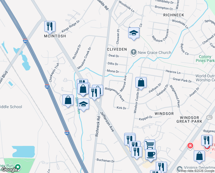 map of restaurants, bars, coffee shops, grocery stores, and more near 9 Julia Terrace in Newport News