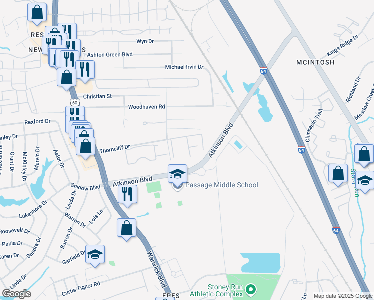 map of restaurants, bars, coffee shops, grocery stores, and more near 502 Thorncliff Drive in Newport News