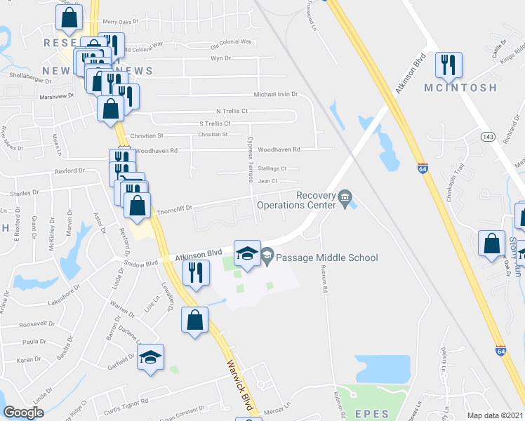 map of restaurants, bars, coffee shops, grocery stores, and more near 502 Thorncliff Drive in Newport News