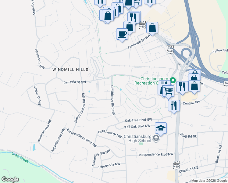 map of restaurants, bars, coffee shops, grocery stores, and more near 1525-1645 Providence Boulevard in Christiansburg