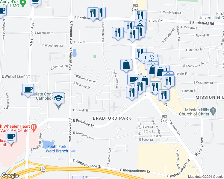 map of restaurants, bars, coffee shops, grocery stores, and more near 3407 South Fairway Avenue in Springfield