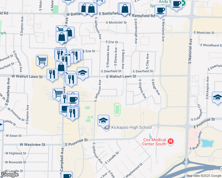 map of restaurants, bars, coffee shops, grocery stores, and more near 520 East Jewett Place in Springfield