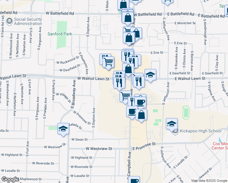 map of restaurants, bars, coffee shops, grocery stores, and more near 500 West Walnut Lawn Street in Springfield