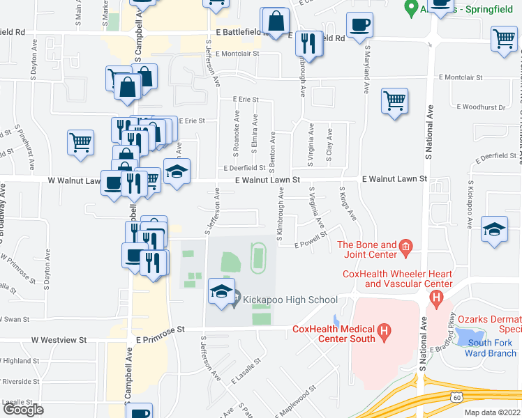 map of restaurants, bars, coffee shops, grocery stores, and more near 615 East Redwood Street in Springfield