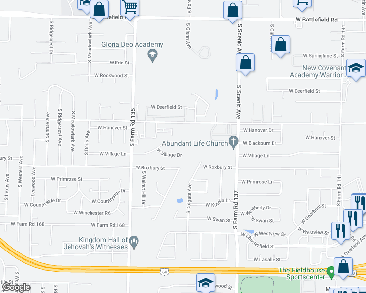 map of restaurants, bars, coffee shops, grocery stores, and more near 2914 West Village Lane in Springfield