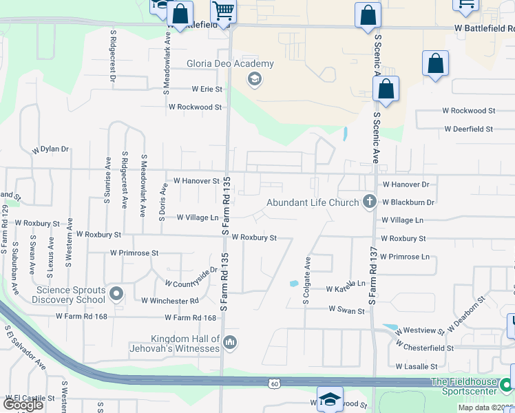 map of restaurants, bars, coffee shops, grocery stores, and more near 2991 West Village Lane in Springfield