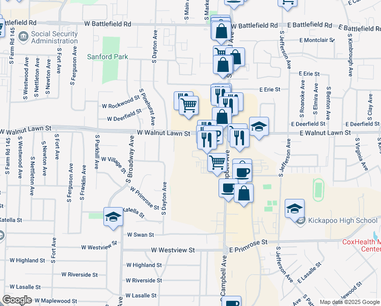 map of restaurants, bars, coffee shops, grocery stores, and more near 3465 South Campbell Avenue in Springfield