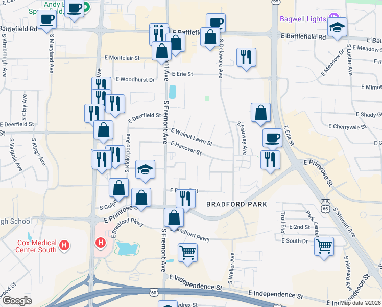 map of restaurants, bars, coffee shops, grocery stores, and more near 1528 East Hanover Street in Springfield