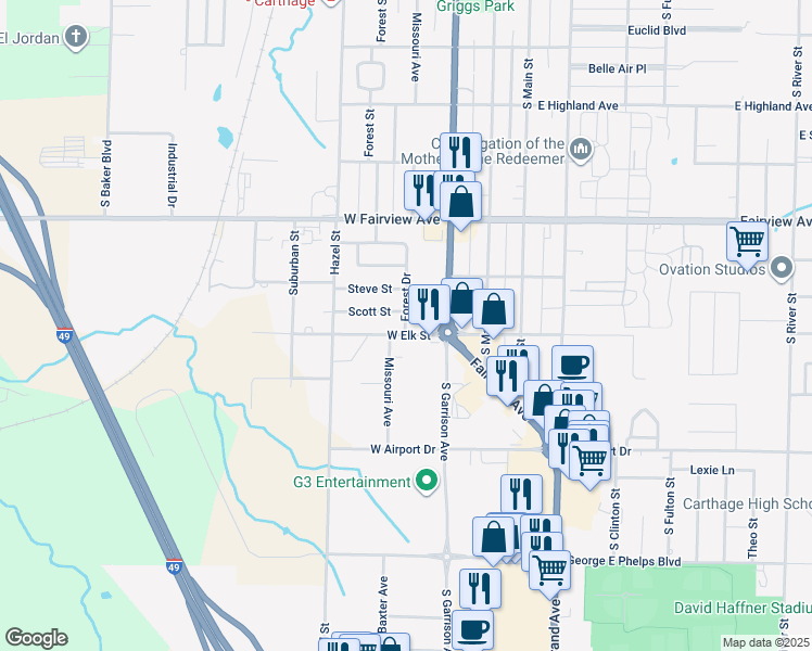 map of restaurants, bars, coffee shops, grocery stores, and more near 515 The Loop in Carthage