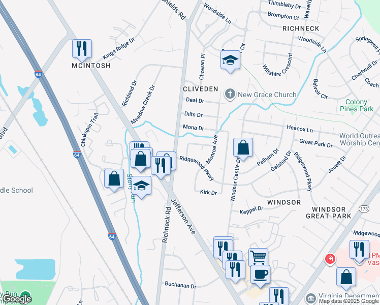 map of restaurants, bars, coffee shops, grocery stores, and more near 4 Julia Terrace in Newport News