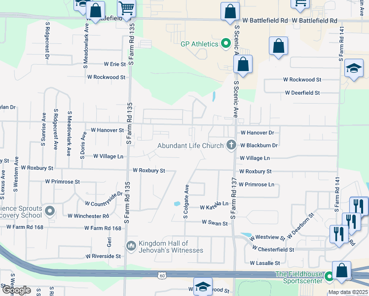 map of restaurants, bars, coffee shops, grocery stores, and more near 2895 West Village Lane in Springfield