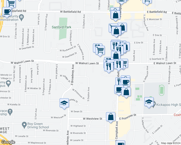map of restaurants, bars, coffee shops, grocery stores, and more near 3449 South Main Avenue in Springfield