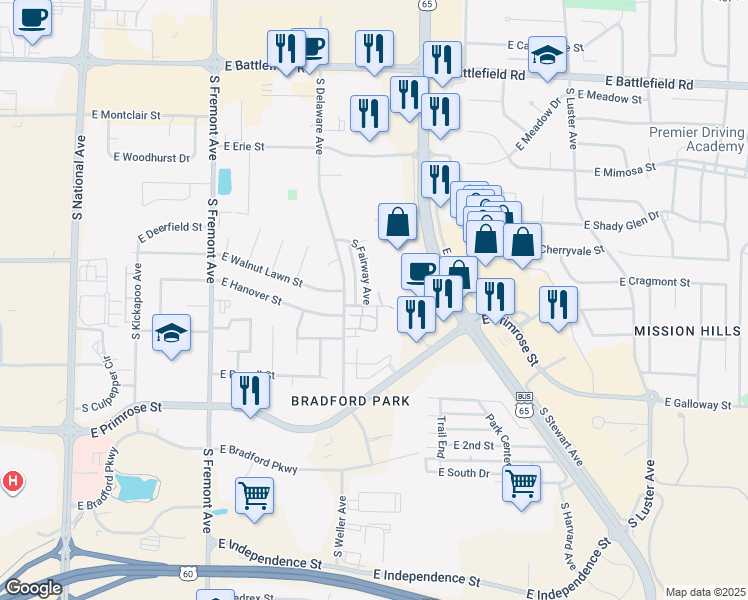 map of restaurants, bars, coffee shops, grocery stores, and more near 3407 South Fairway Avenue in Springfield