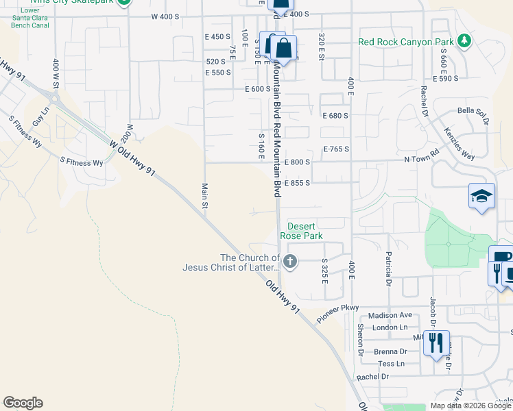 map of restaurants, bars, coffee shops, grocery stores, and more near 915 South 170 East in Ivins