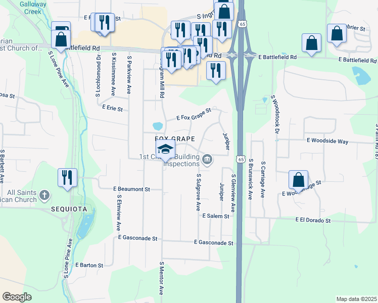 map of restaurants, bars, coffee shops, grocery stores, and more near 3237-3243 East Manitoo Street in Springfield