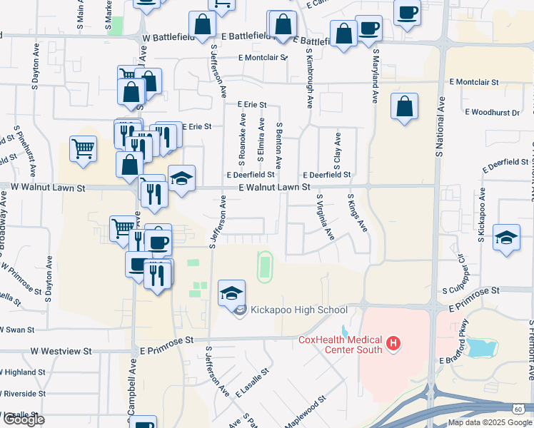 map of restaurants, bars, coffee shops, grocery stores, and more near 609 East Redwood Street in Springfield