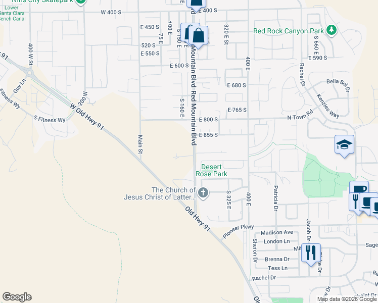 map of restaurants, bars, coffee shops, grocery stores, and more near 927 South 170 East in Ivins