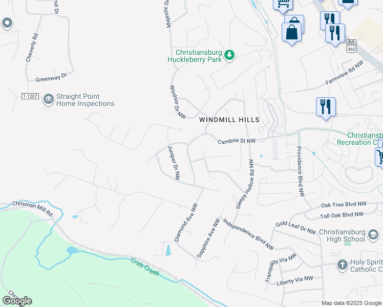 map of restaurants, bars, coffee shops, grocery stores, and more near 1030 Cambria St NW in Christiansburg