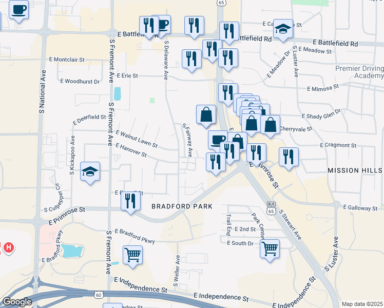 map of restaurants, bars, coffee shops, grocery stores, and more near 3407 South Fairway Avenue in Springfield