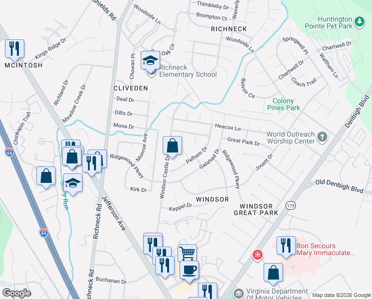 map of restaurants, bars, coffee shops, grocery stores, and more near 2 Barrister Place in Newport News