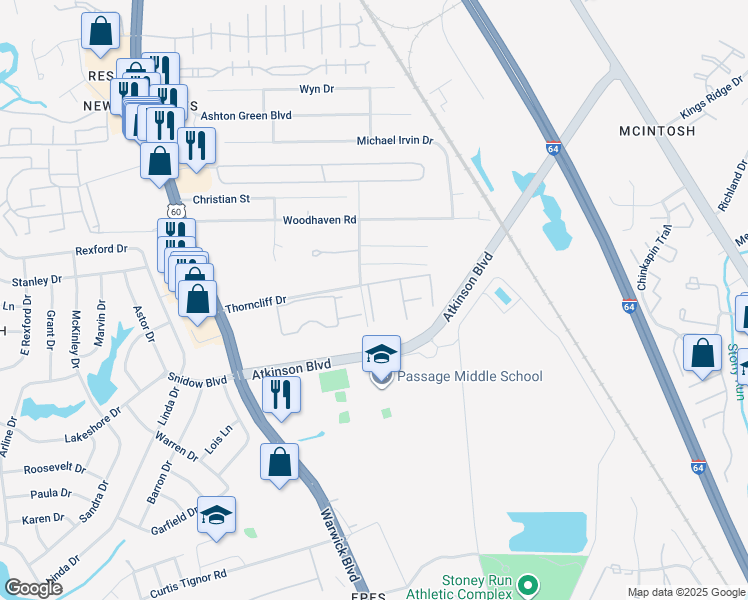 map of restaurants, bars, coffee shops, grocery stores, and more near 502 Thorncliff Drive in Newport News