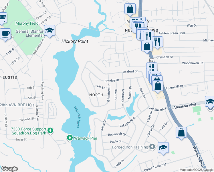 map of restaurants, bars, coffee shops, grocery stores, and more near 75 Stanley Drive in Newport News