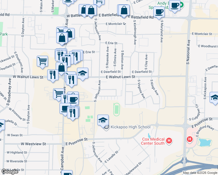 map of restaurants, bars, coffee shops, grocery stores, and more near 520 East Jewett Place in Springfield